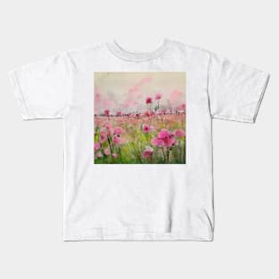 Open pink watercolor flower field Kids T-Shirt